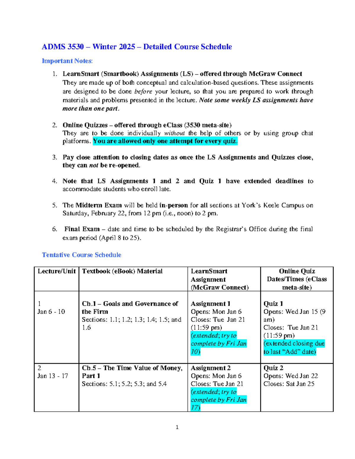 ADMS 3530 Winter 2025 Course Schedule: Assignments & Exams Overview ...