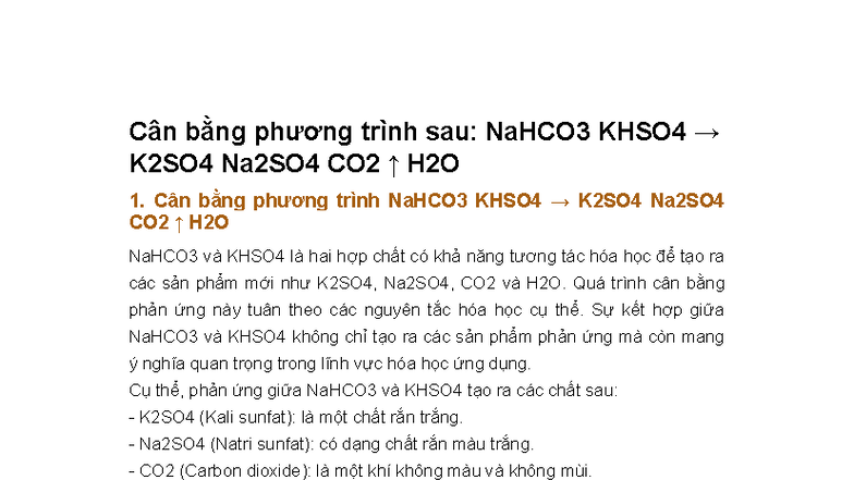 Cân Bằng Phương Trình Hóa Học NaHCO3 và KHSO4 (167772) - Studocu