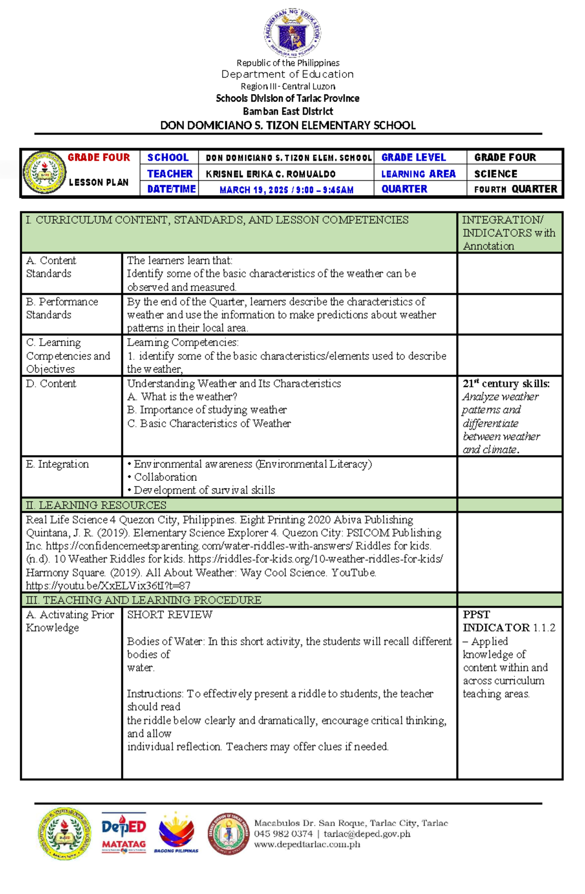 DLP-NCO1: Science 4 Lesson Plan on Weather - March 19, 2025 - Studocu