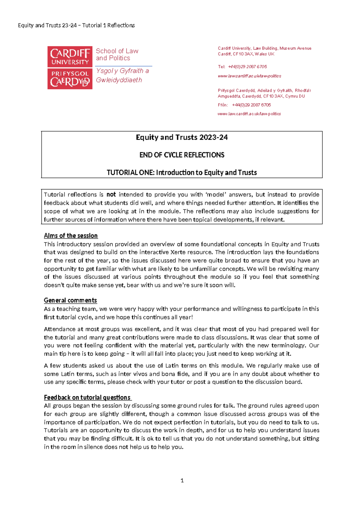 Tutorial 1- Reflections - Equity and Trusts 23-24 – Tutorial 1 ...