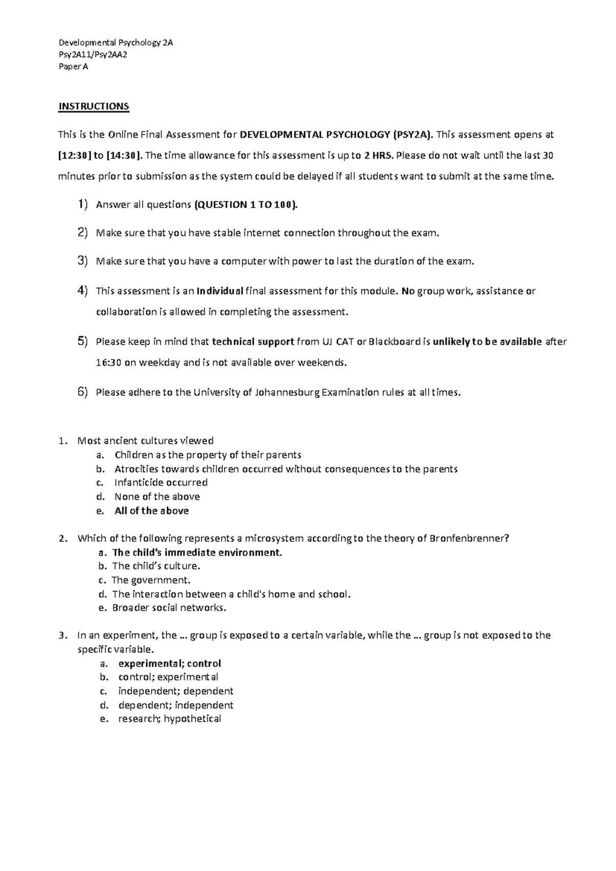 Psy2A Final Exam Paper A with Memo - June 2022 - Studocu