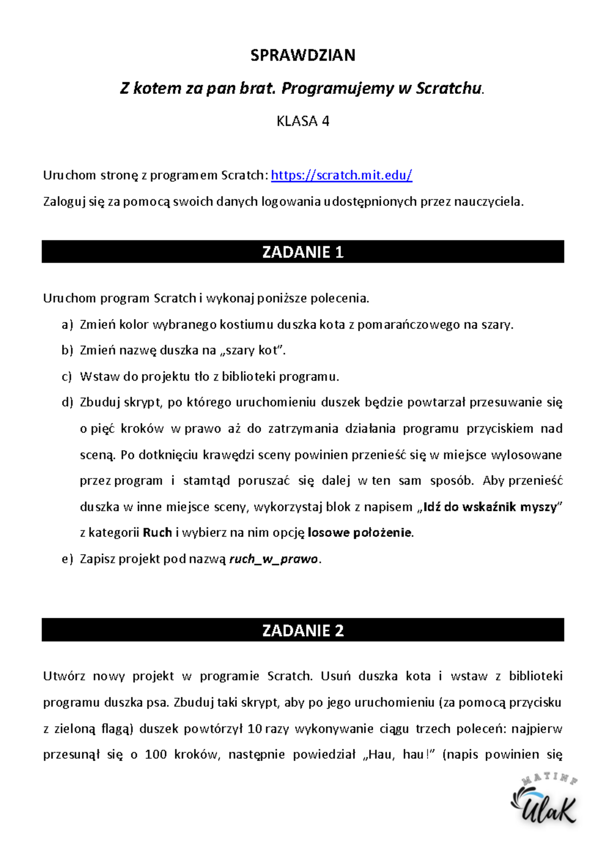 Sprawdzian Do Działu 2 Lekcje Programowania W Scratchu