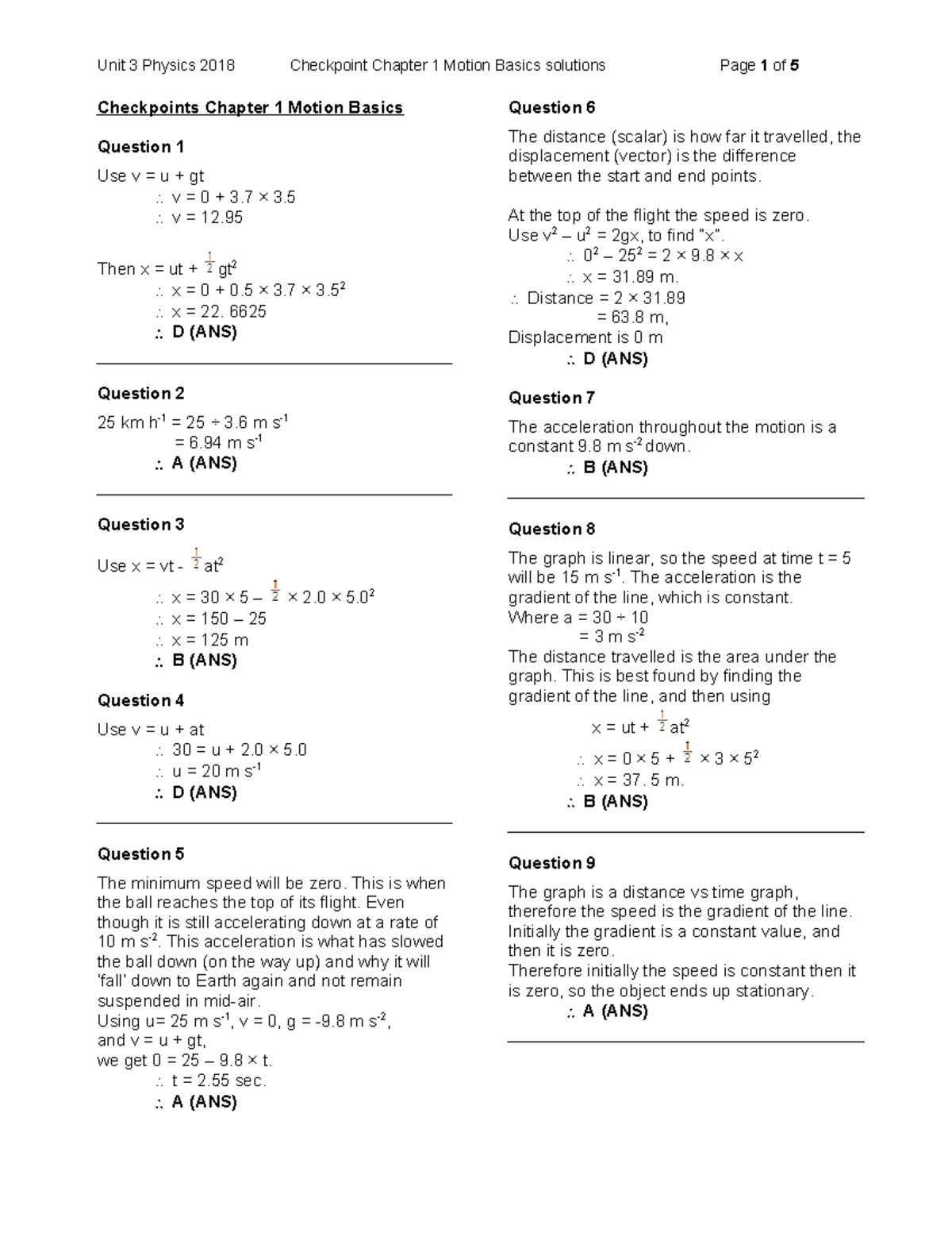 Chapter 2 - Checkpoints on Motion Basics (Solutions) - 75% Marks - Studocu