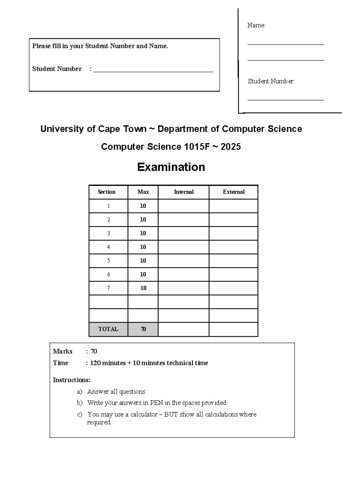 Computer Science 1015F Final Exam 2025 - Studocu