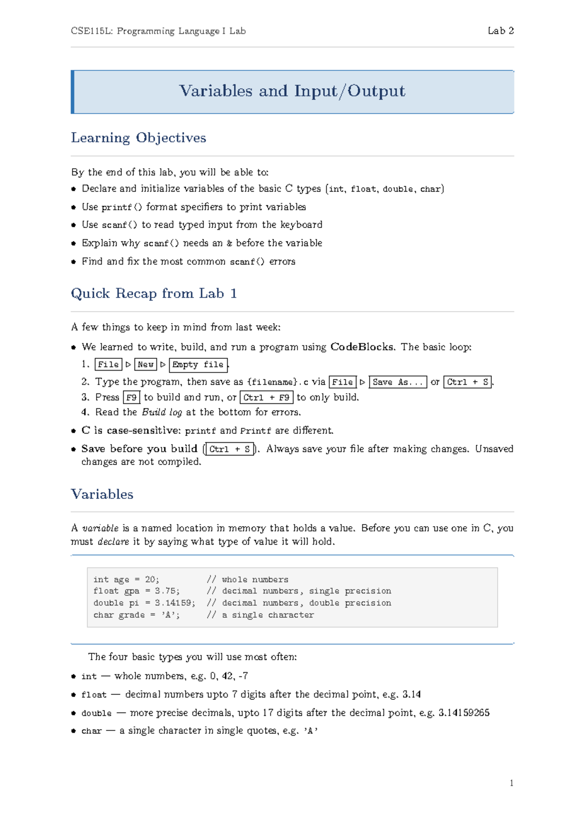 CSE115L: Programming Language I Lab 2 - Variables and Input Handling ...
