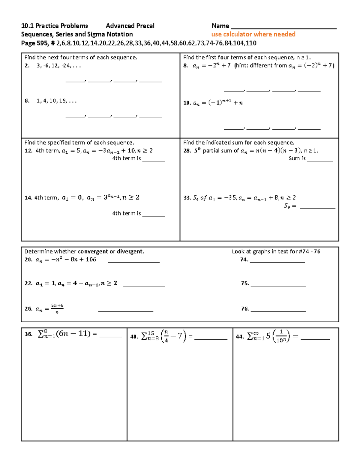 Practice problems 10.1-2 - 10 Practice Problems Advanced Precal Name