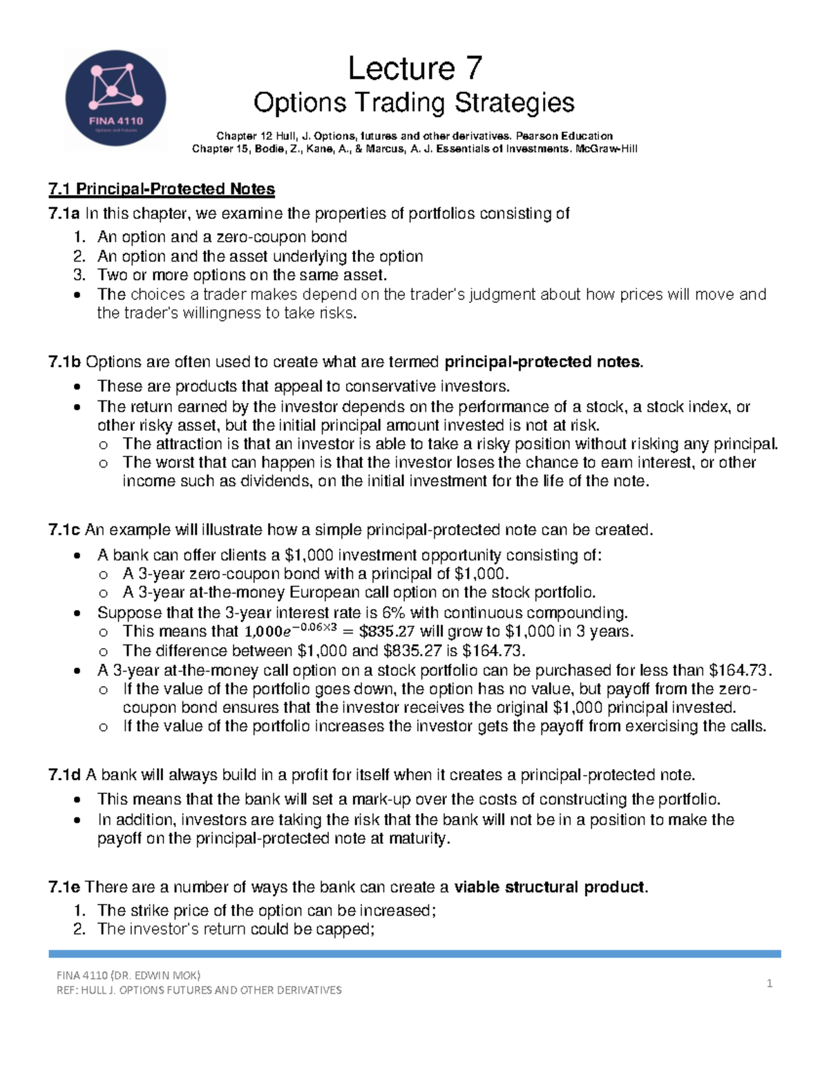 FINA 4110 Lecture 7: Options Trading Strategies and Notes - Studocu