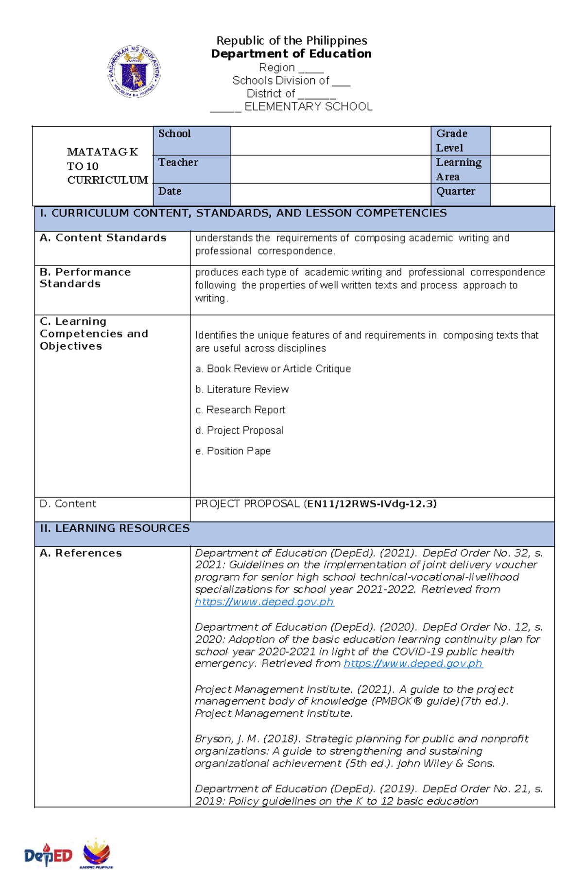 DEMO Lesson Plan: Project Proposal Skills for Grade 10 (MATATAG K ...