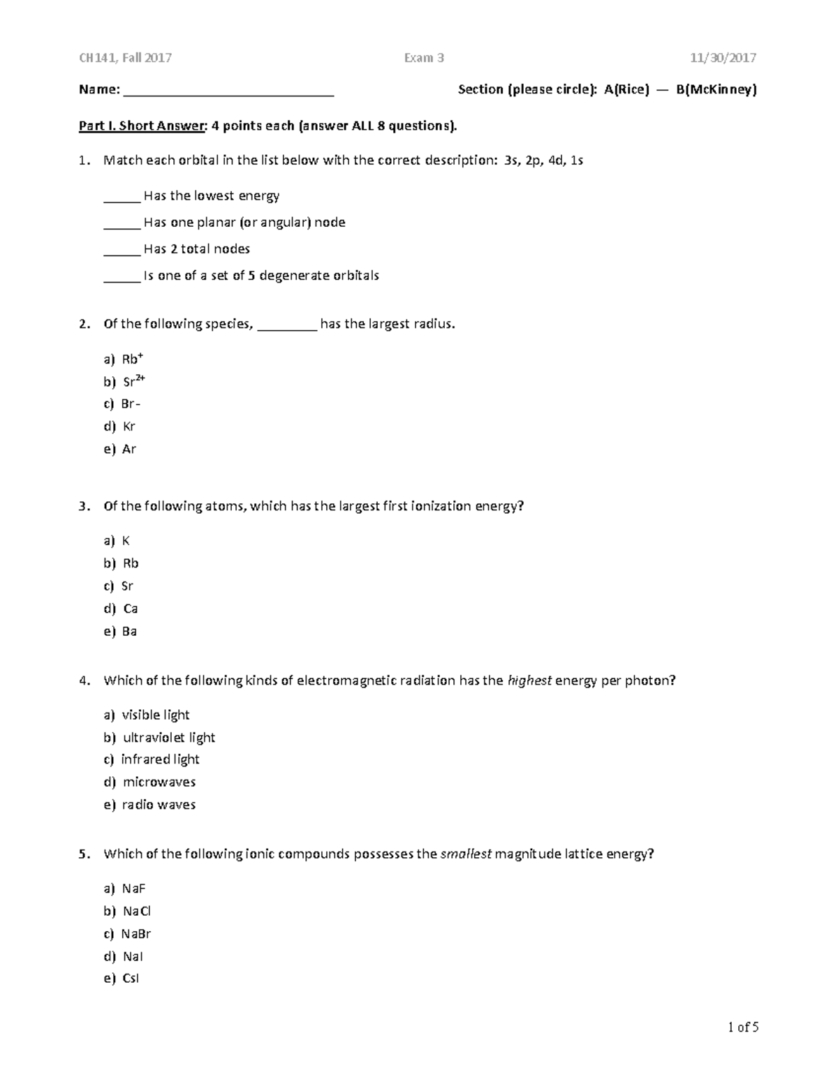 CH141 Fall 2017 Practice Exam 3: Short Answer & Problems - Studocu