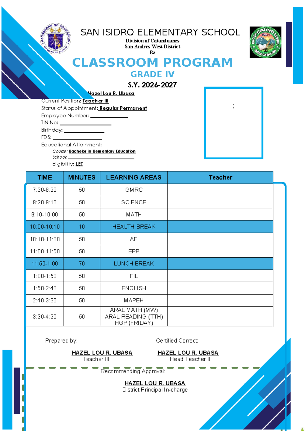 Classroom Program Design for Grade IV S.Y. 2026 - Hazel Lou R. Ubasa ...