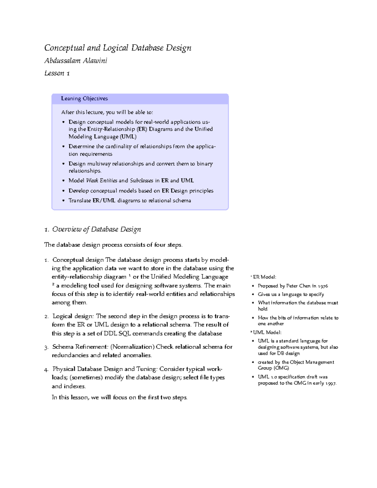 Lesson 1: Intro to DB Design with ER & UML Concepts - Studocu