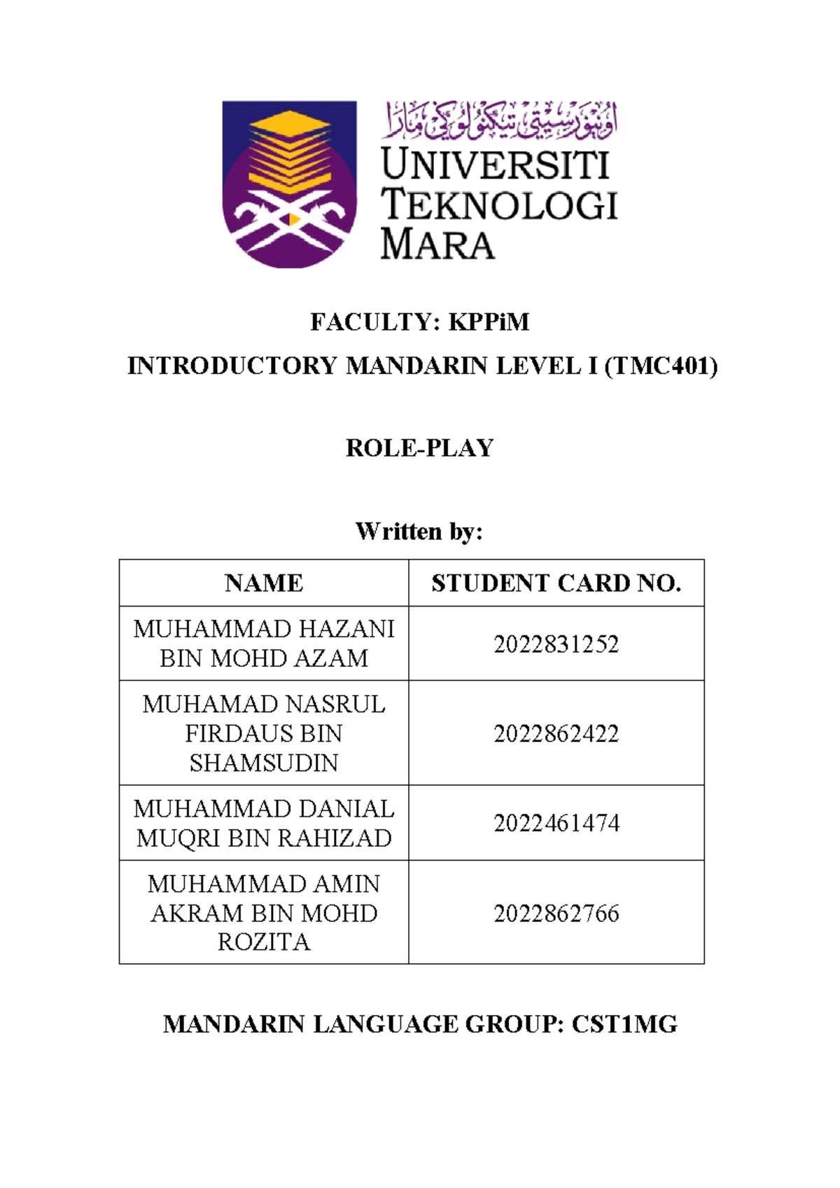 TMC401 ROLE PLAY Script - FACULTY: KPPiM INTRODUCTORY MANDARIN LEVEL I ...