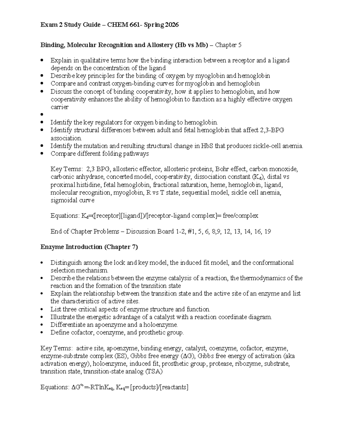 Exam 2 Study Guide CHEM Spring 2026: Binding, Enzymes & Kinetics - Studocu