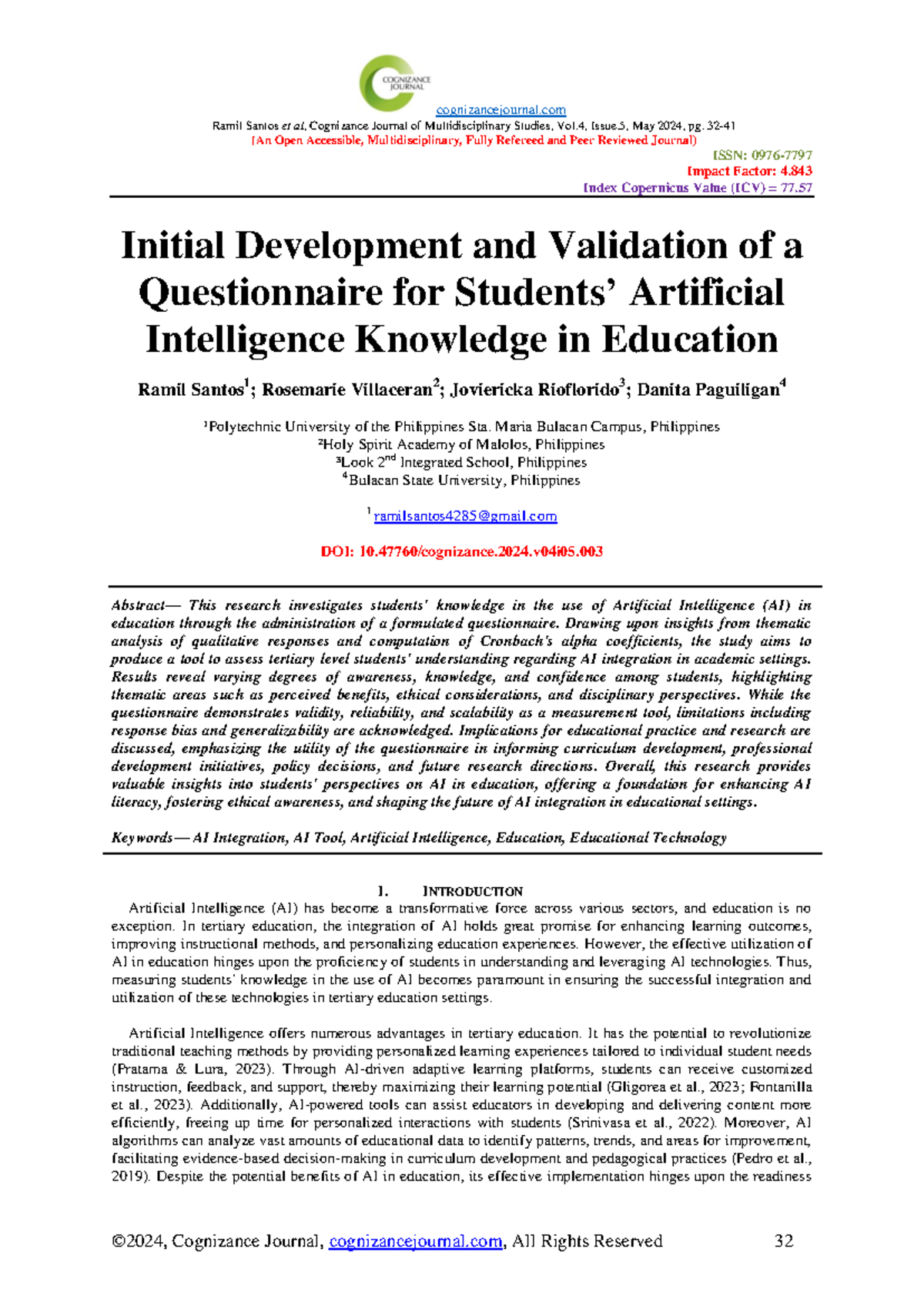 Initial Development and Validation of AI Knowledge Questionnaire in ...