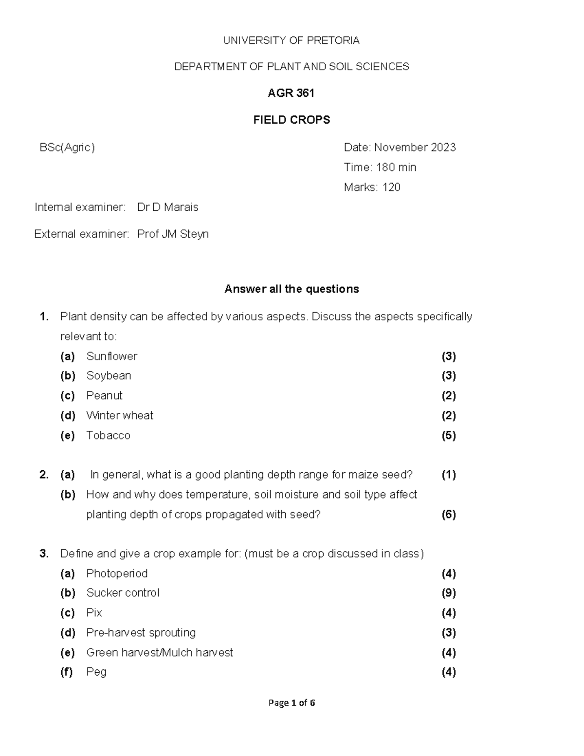 2023 Final Exam Paper for AGR 361: Field Crops BSc(Agric) - Studocu
