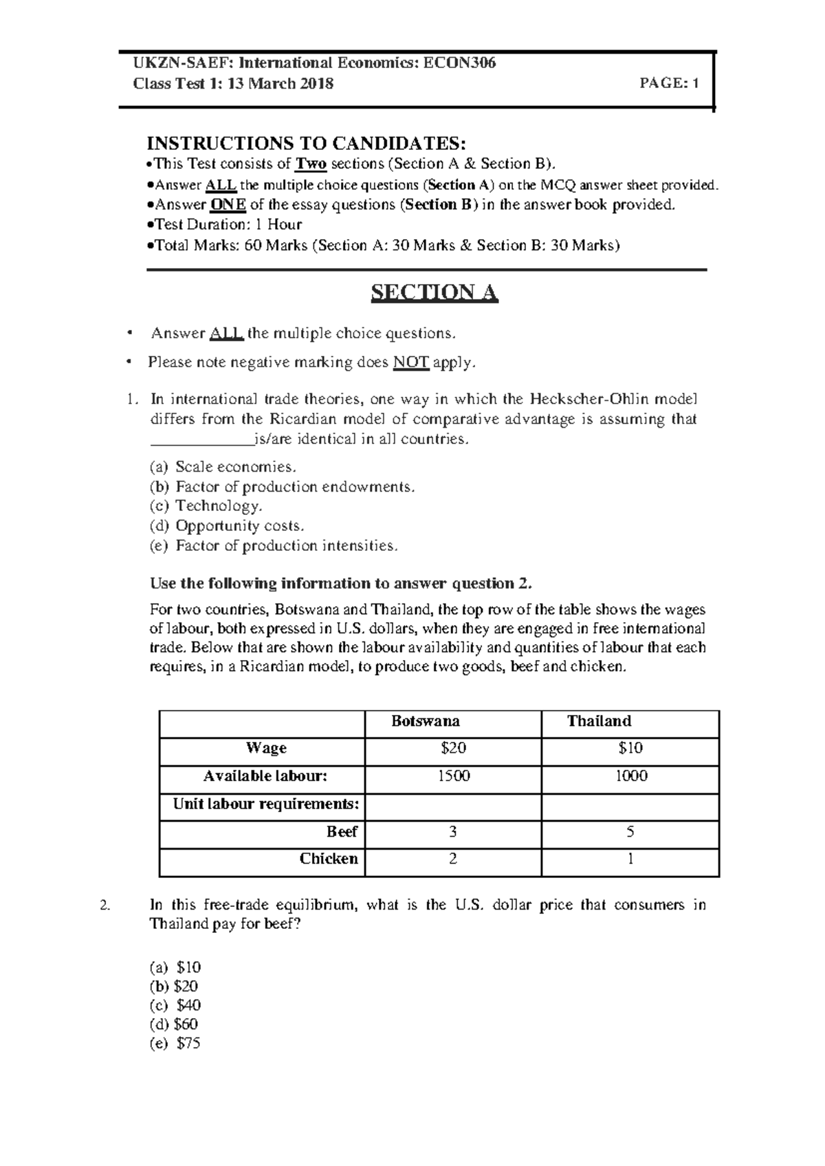 2018 ECON306 - International Economics Test 1 Review - Studocu