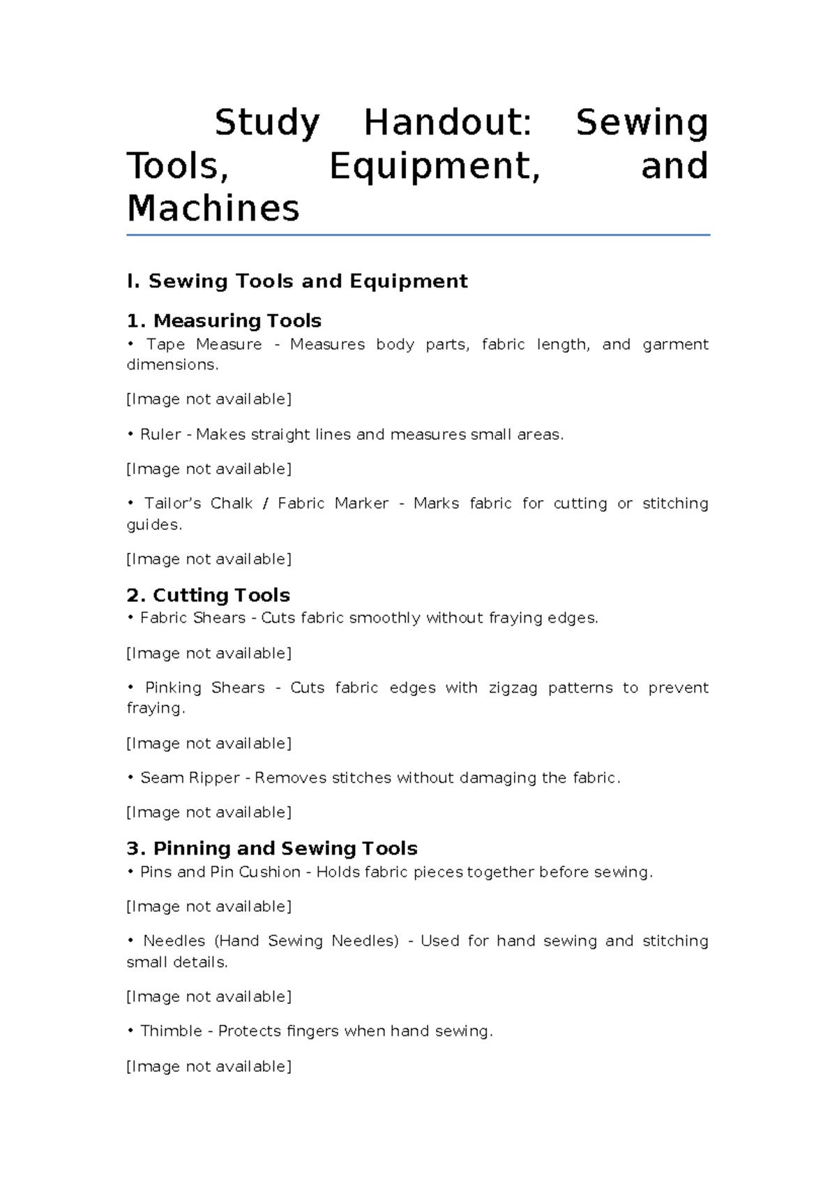 Sewing Tools & Equipment I: Study Handout on Tools & Machines - Studocu