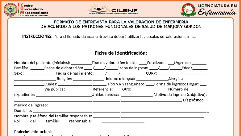 Formato de Entrevista para Valoración de Enfermería según Marjory