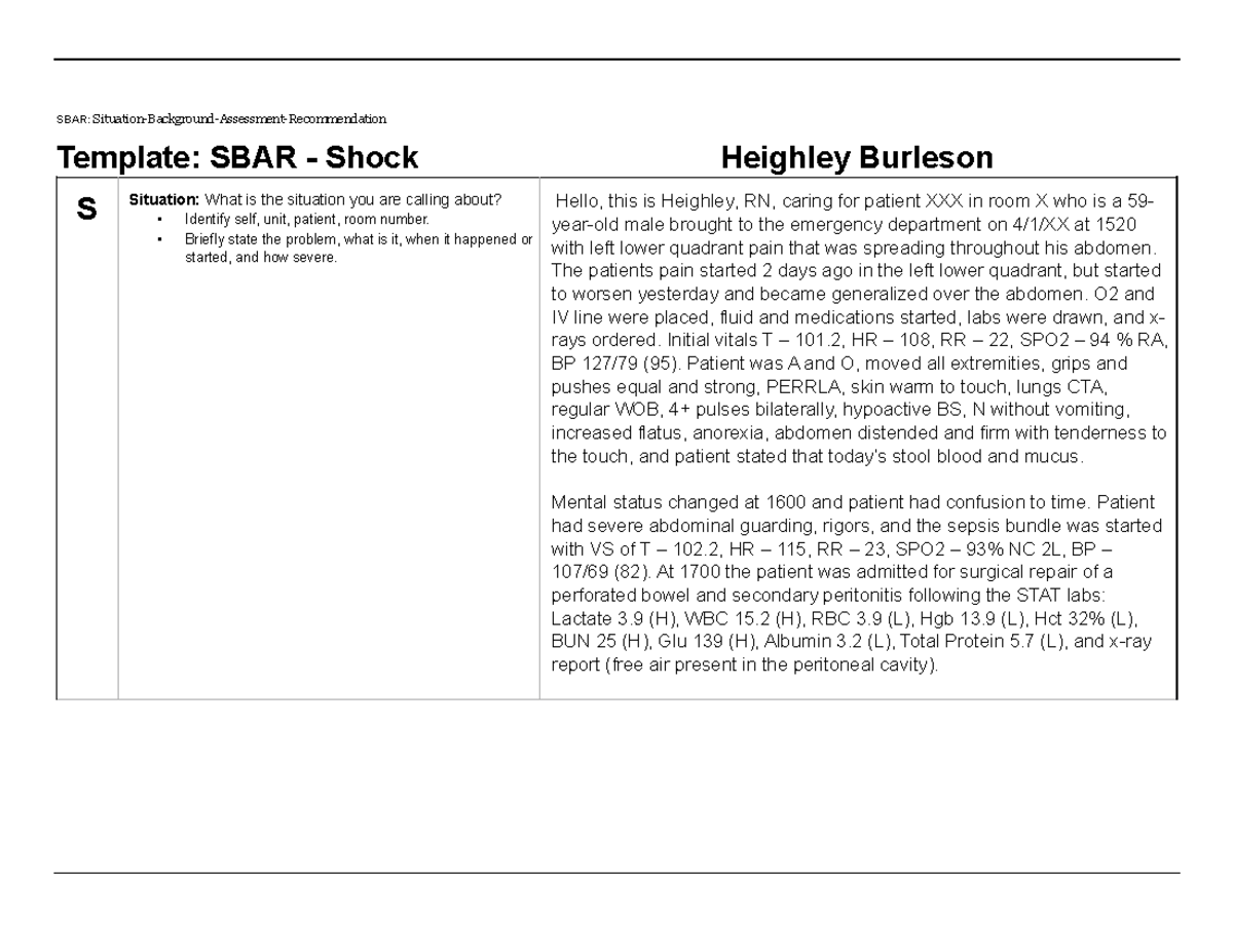 SBAR Template Part B: Shock Assessment for Patient Management - Studocu