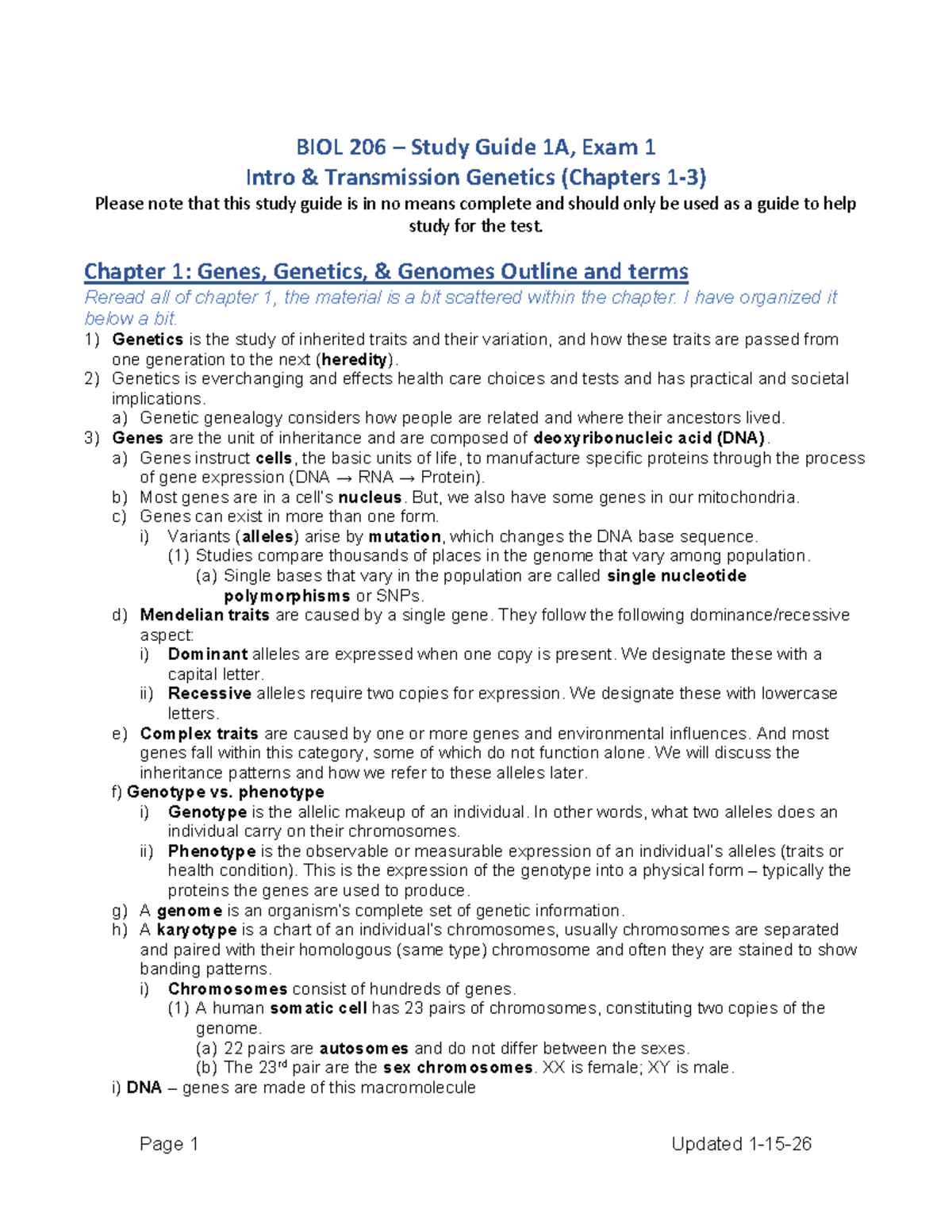 BIOL 206 – Study Guide 1A, Exam 1: Genetics Overview - Studocu