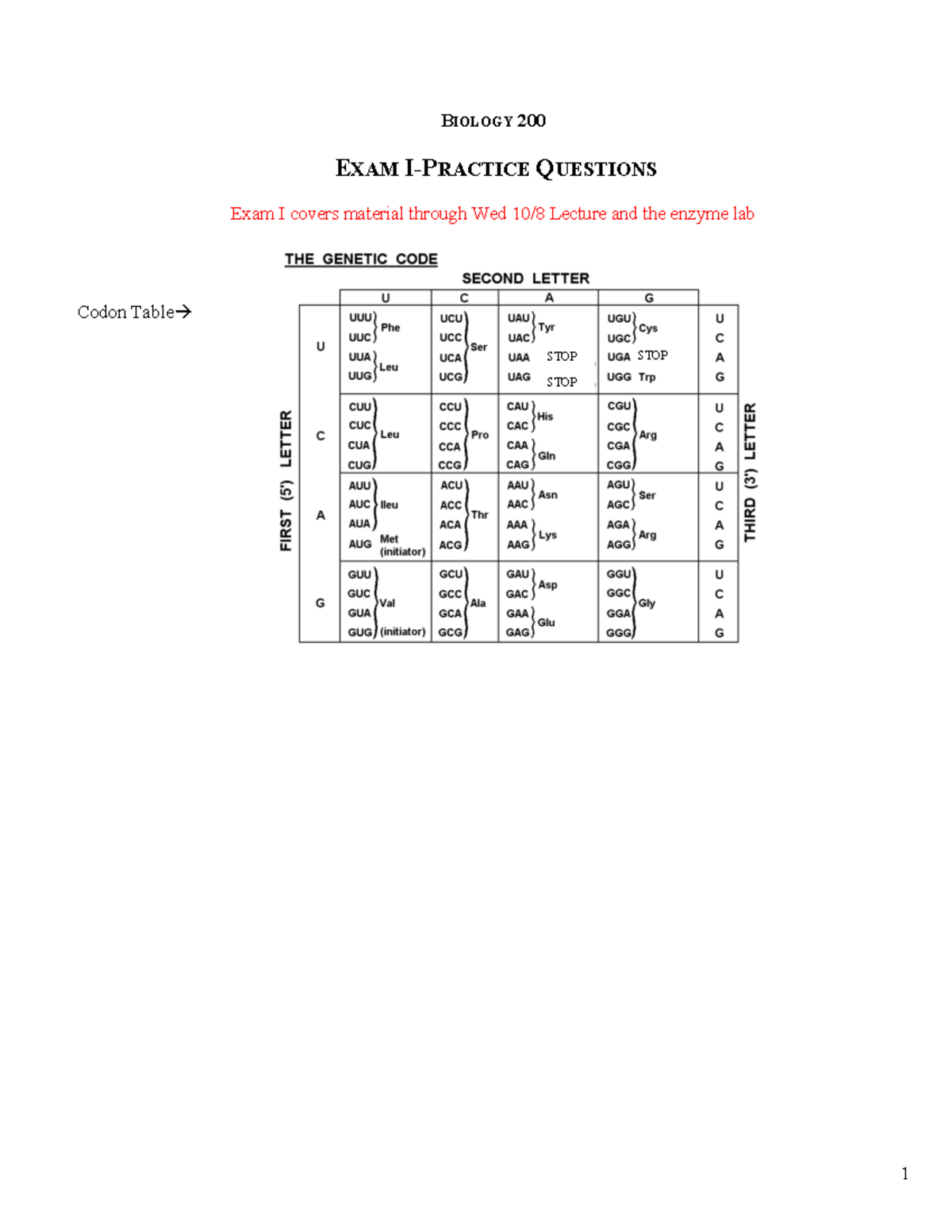 Biology 200 Exam I Practice Questions: Enzymes, DNA, and Mutations ...
