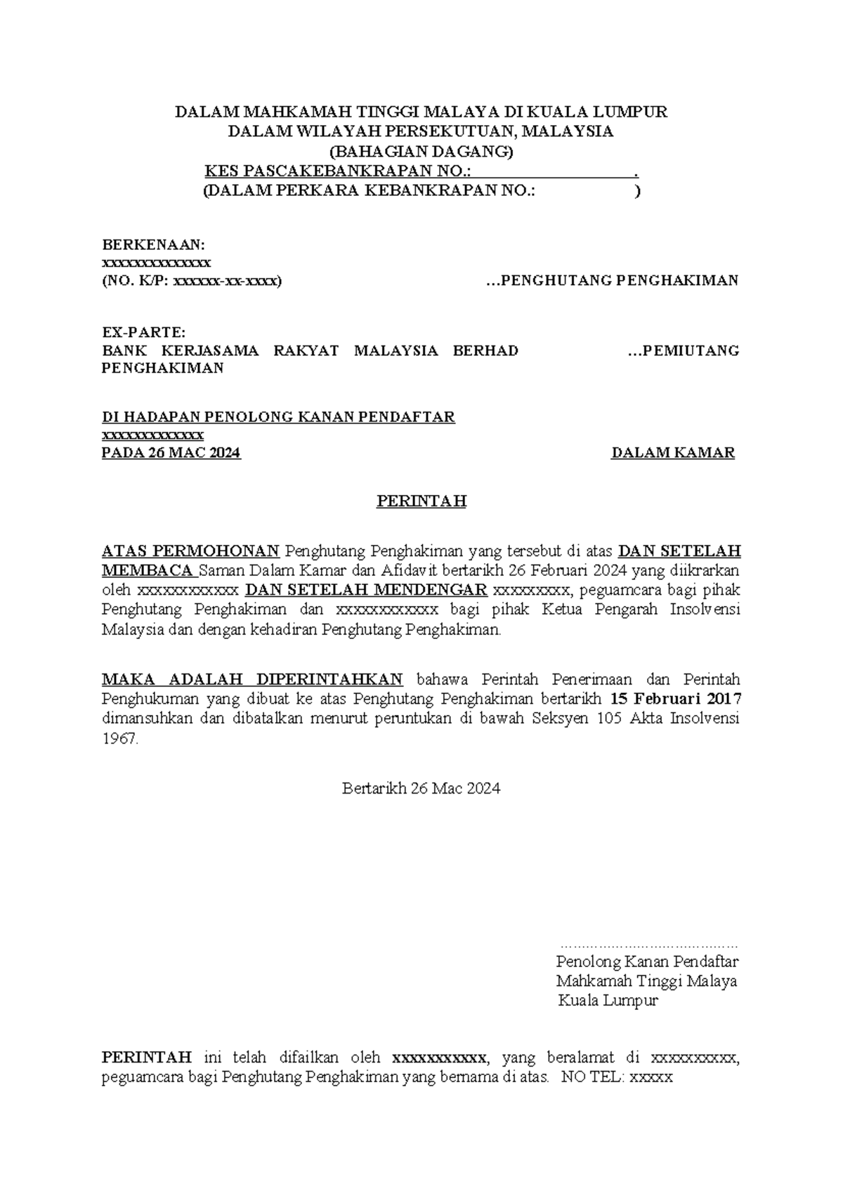Perintah Pembatalan Penerimaan & Penghukuman Kes Kebankrapan 2024 - Studocu