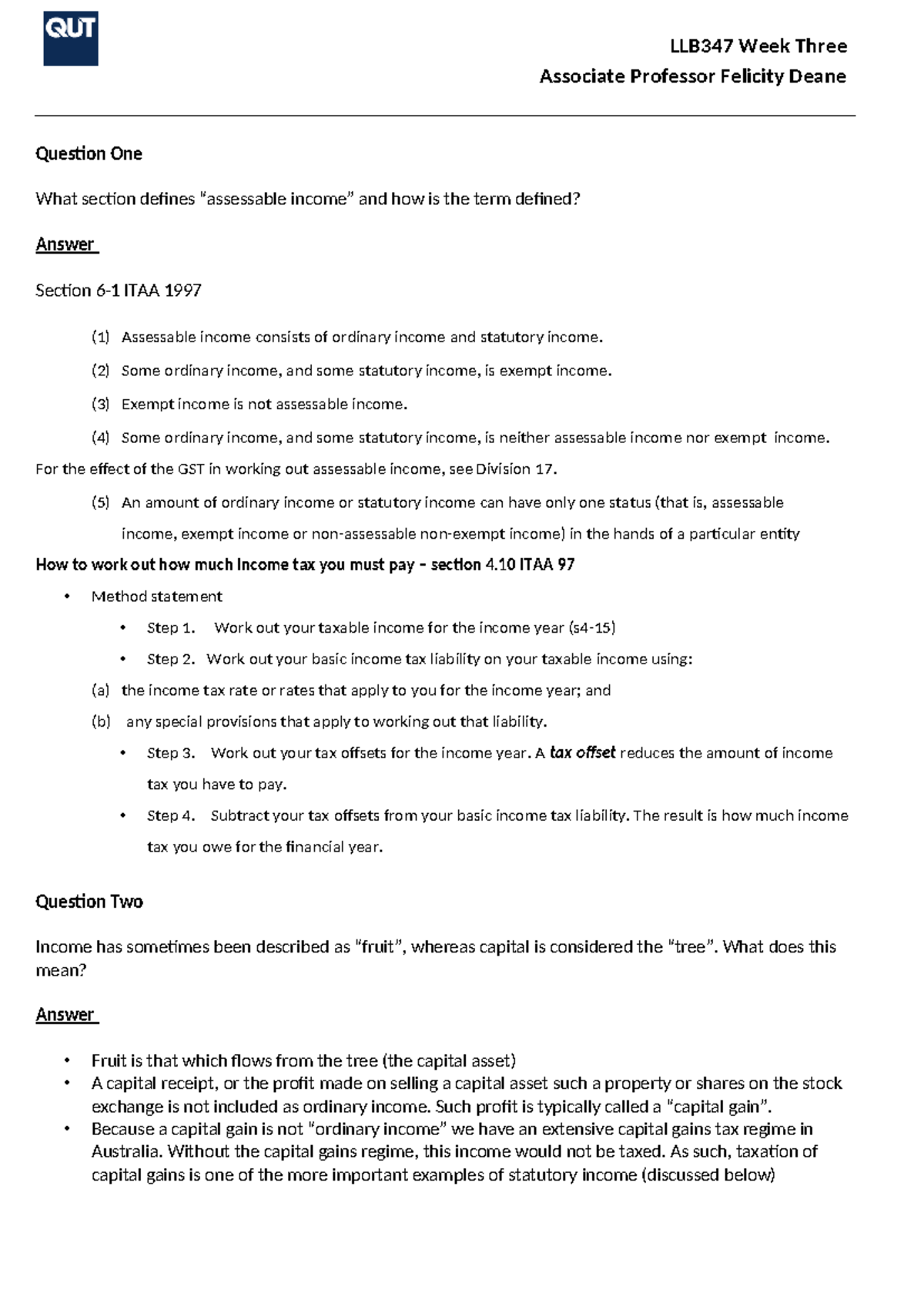 LLB347 Workshop 3 - Understanding Assessable Income and Taxation - Studocu