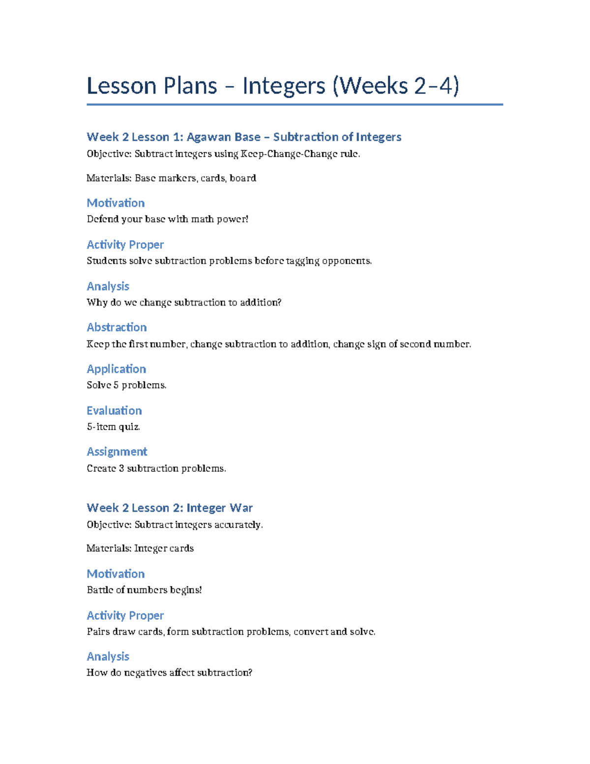 Week 2-4 Integer Lesson Plans (Math 101) - Studocu