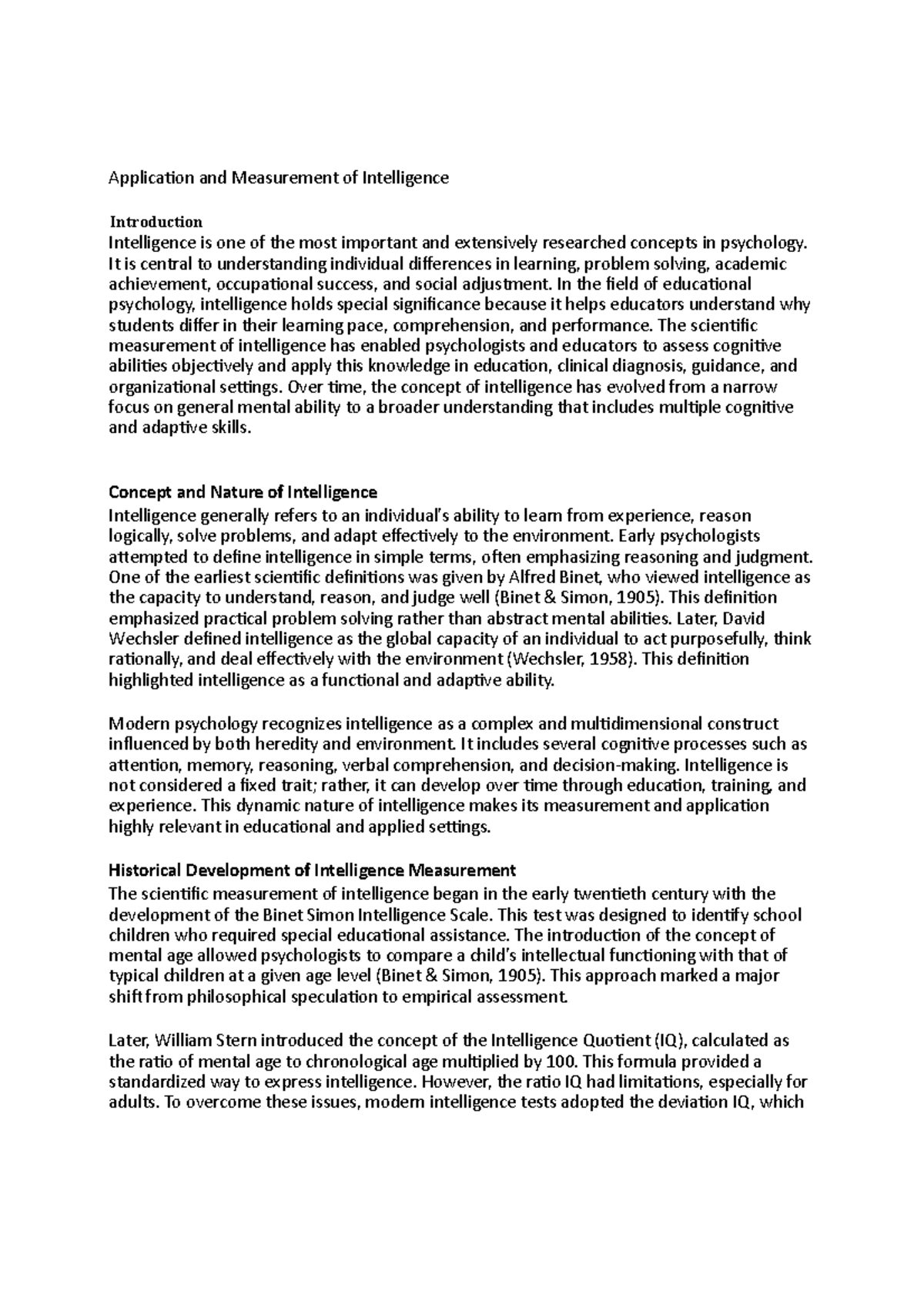 Intelligence - Application and Measurement of Intelligence Introduction ...