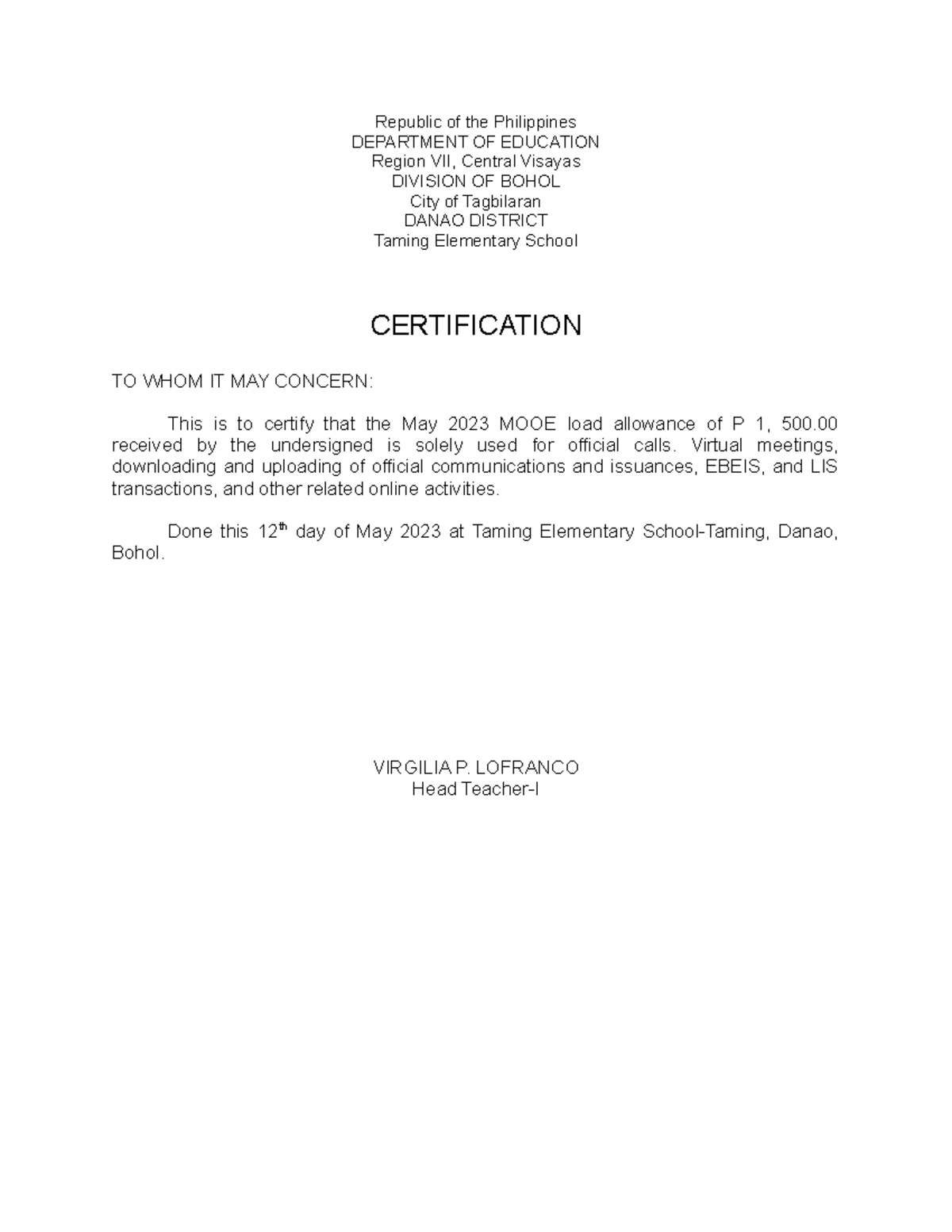 Load-certification - load certification - Republic of the Philippines ...