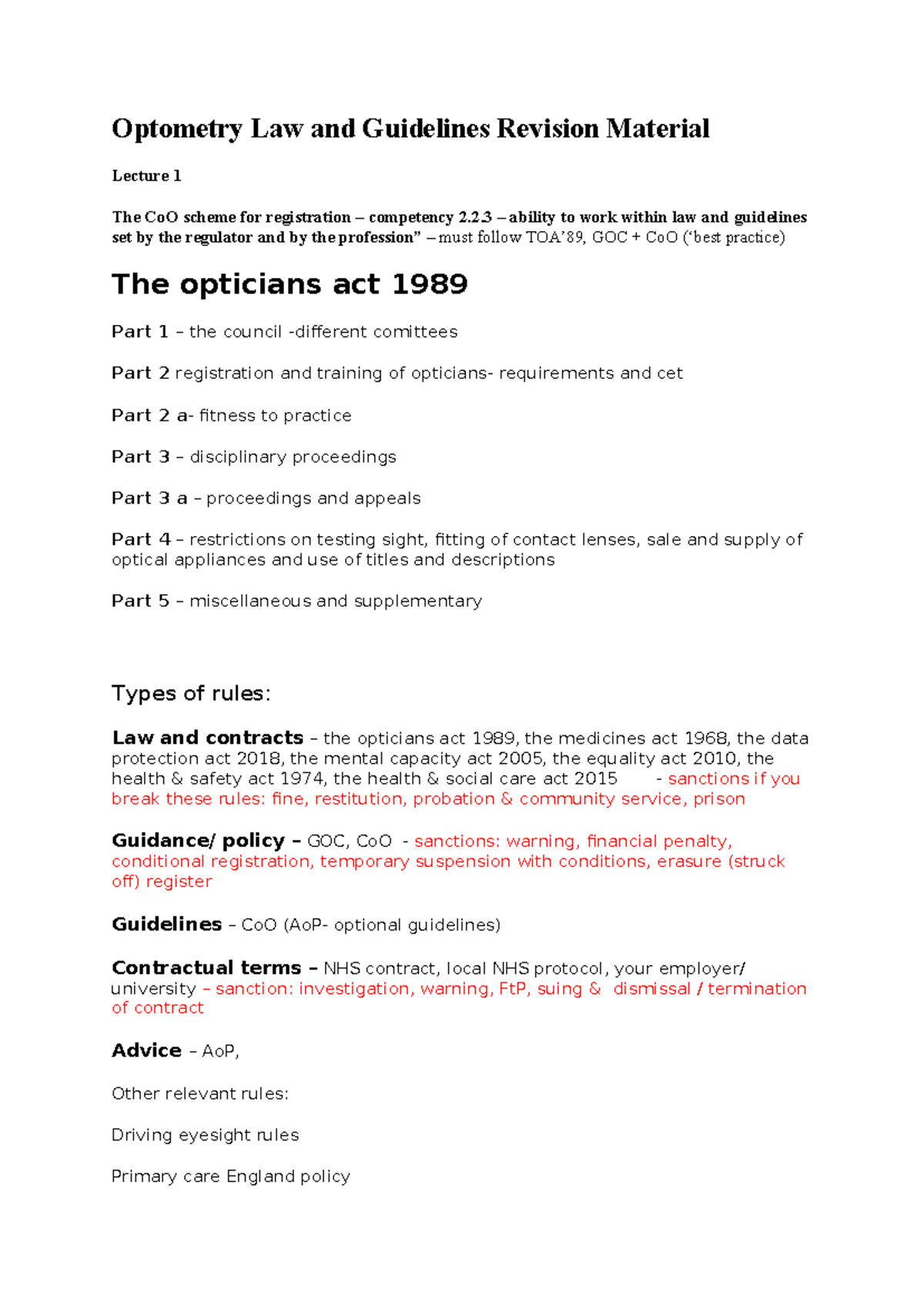 Optometry Law & Guidelines Revision Material - Pre-Reg Lecture 1 - Studocu