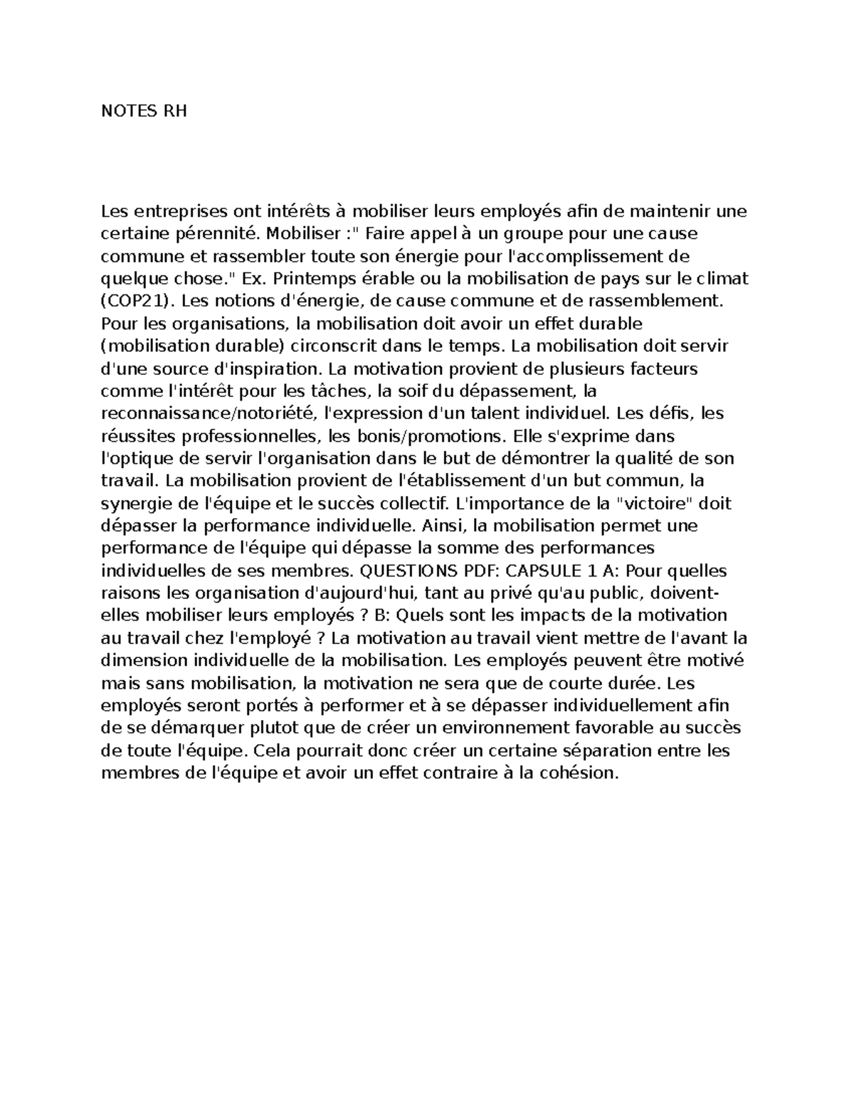 Notes RH : Mobilisation et Motivation en Entreprise pour le Succès ...