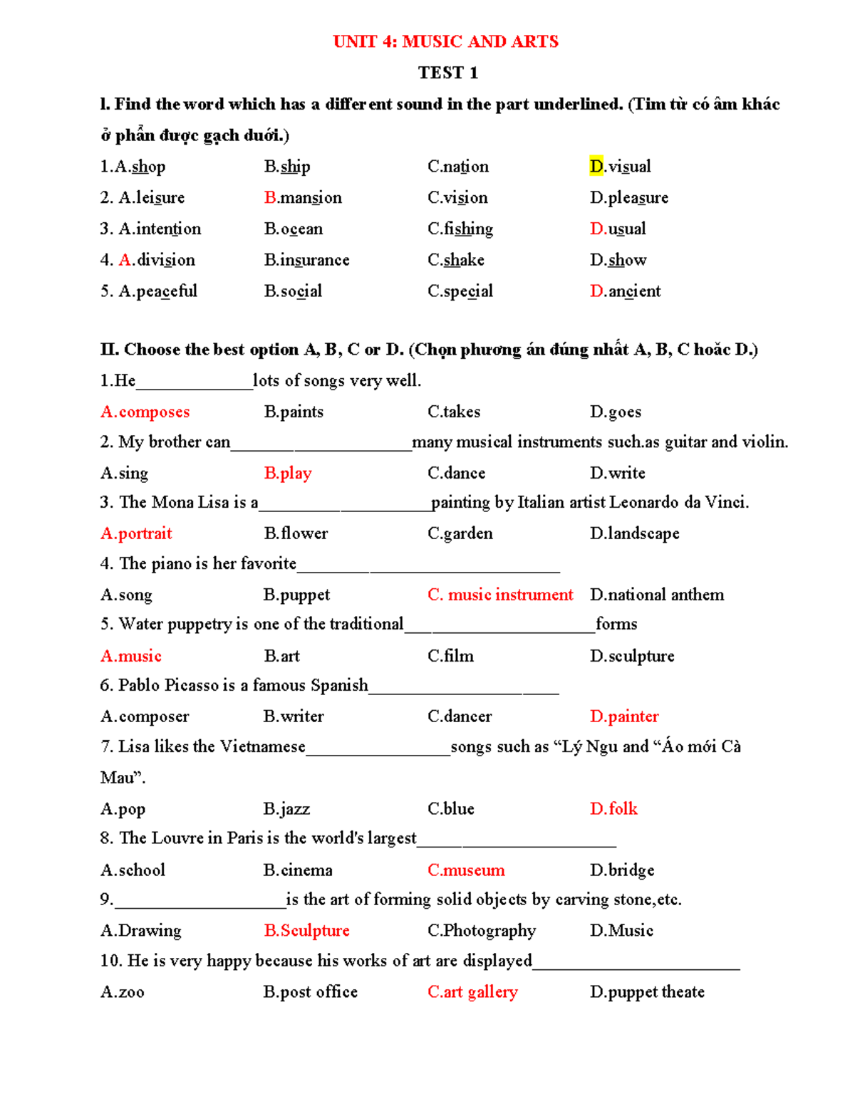 UNIT 4: MUSIC AND ARTS TEST 1 - ANH 7 - Studocu