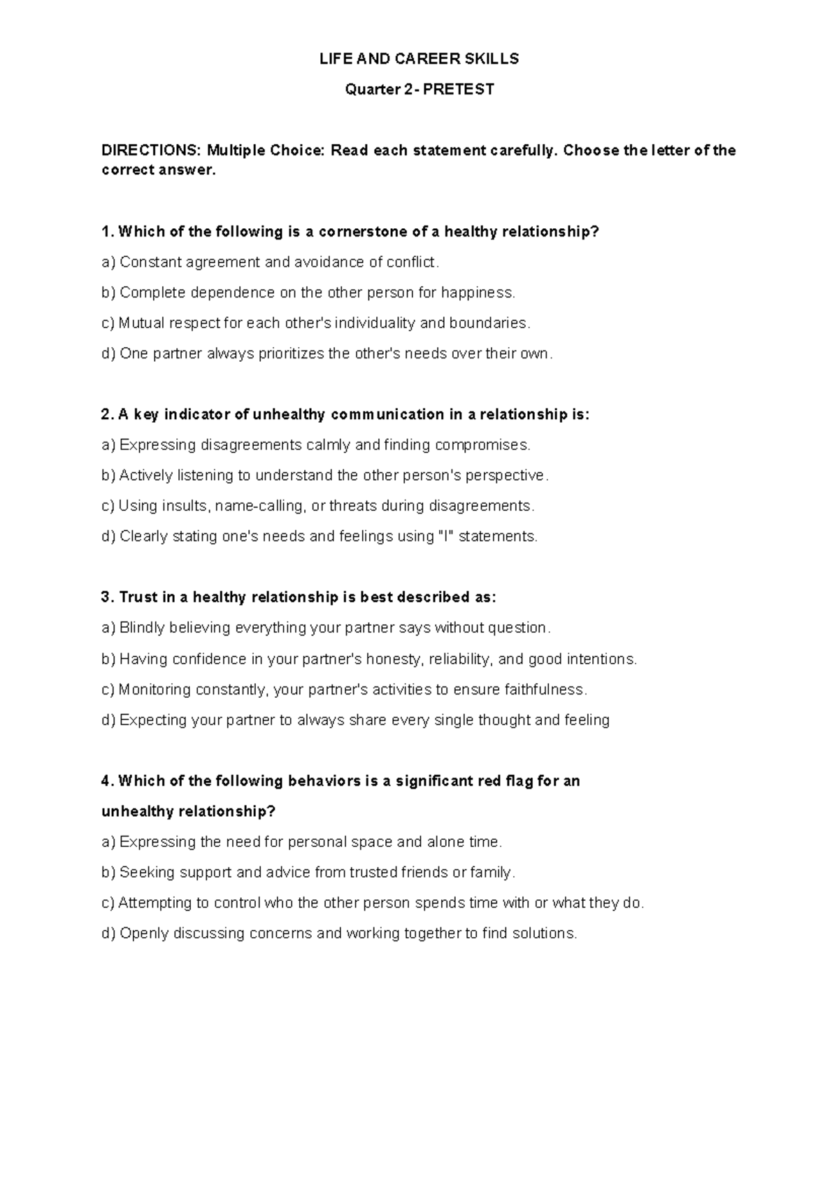 LIFE AND CAREER SKILLS Q2 PRETEST: Multiple Choice Questions - Studocu