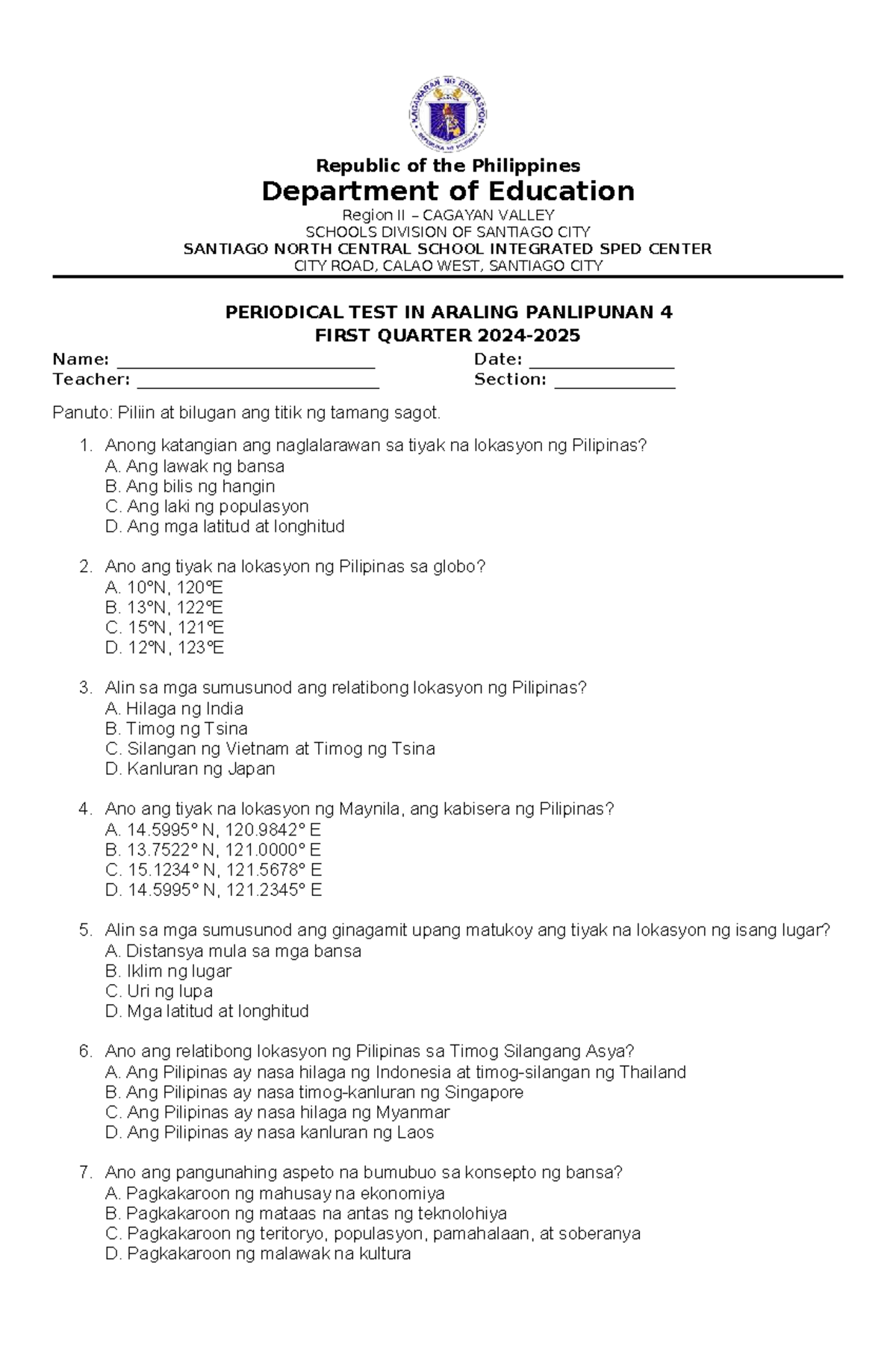 Q1 Periodical Test - Araling Panlipunan 4 (AP 4) - Studocu