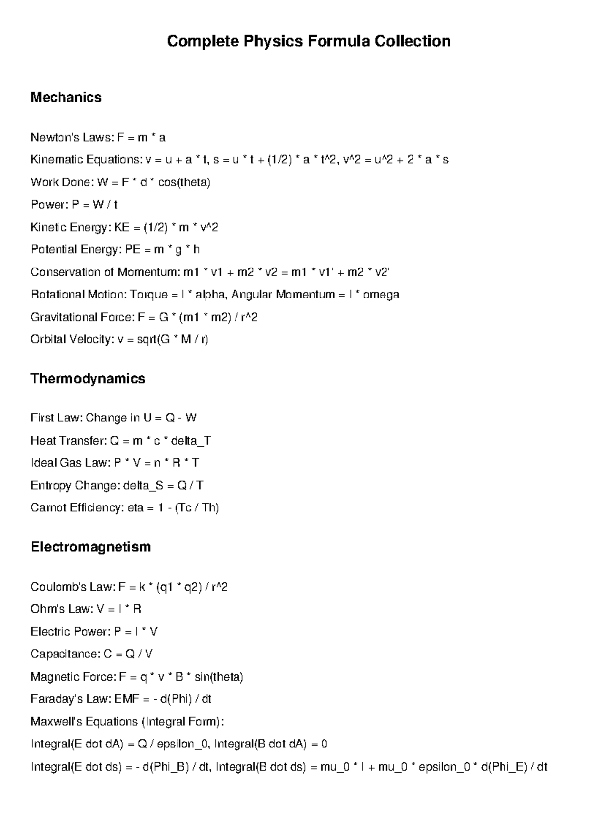 Comprehensive Physics Formulas: Mechanics, Thermodynamics & More - Studocu
