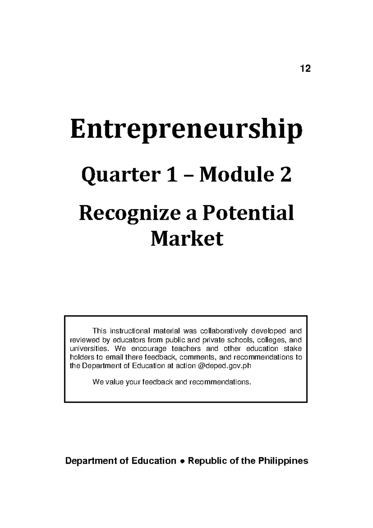 Entrep 12 Q1 Mod2 Recognizing Potential Markets and Opportunities - Studocu