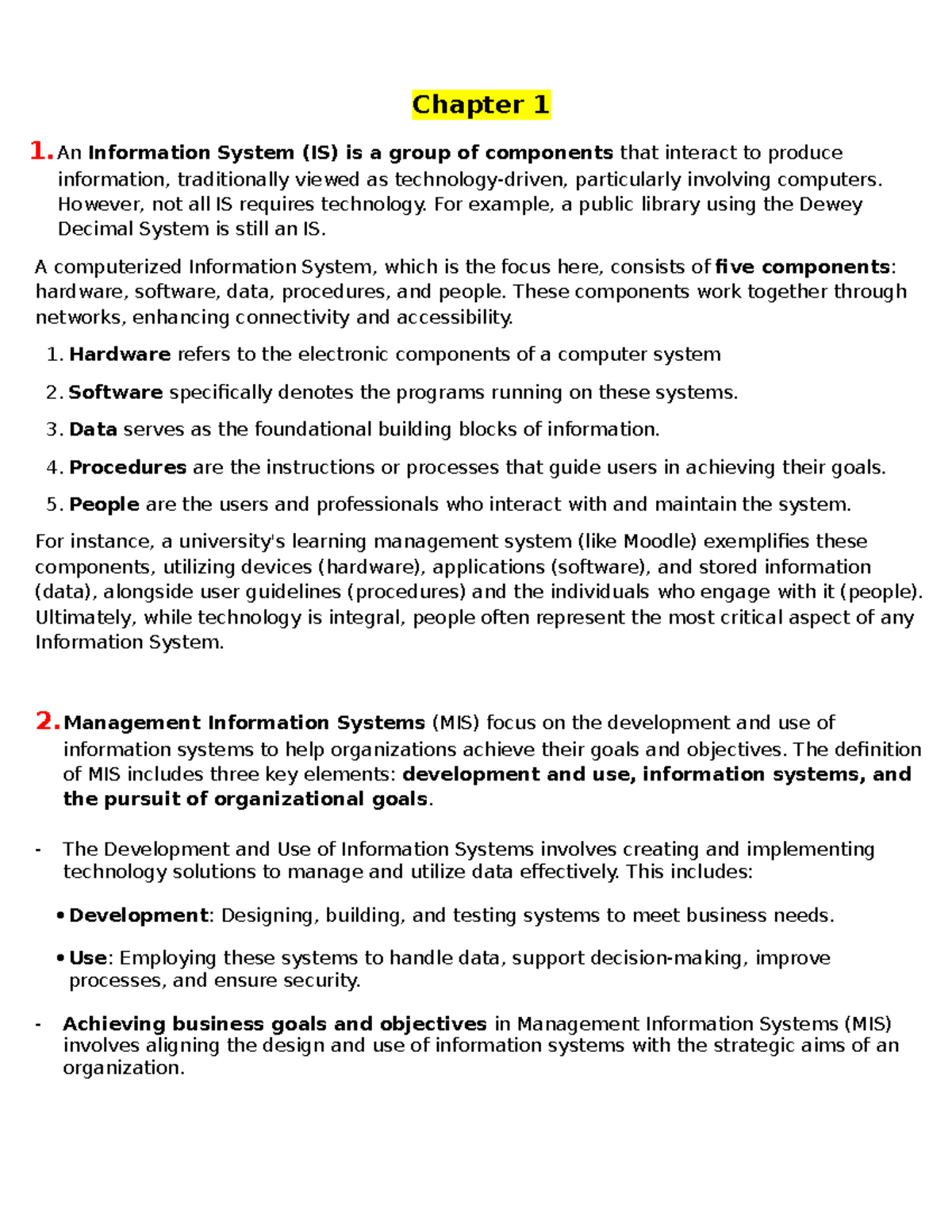 Chapt 1 - Summary Experiencing MIS - Chapter 1 1 Information System (IS ...