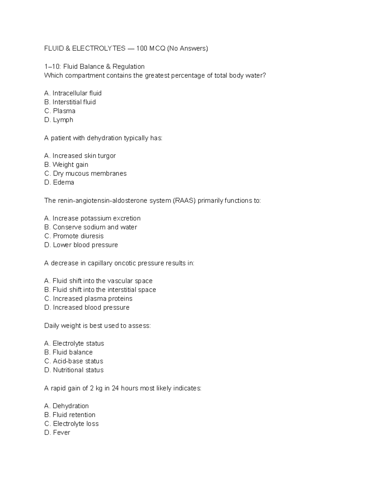 Fluid & Electrolytes — 100 MCQ (No Answers) for Exam Prep - Studocu