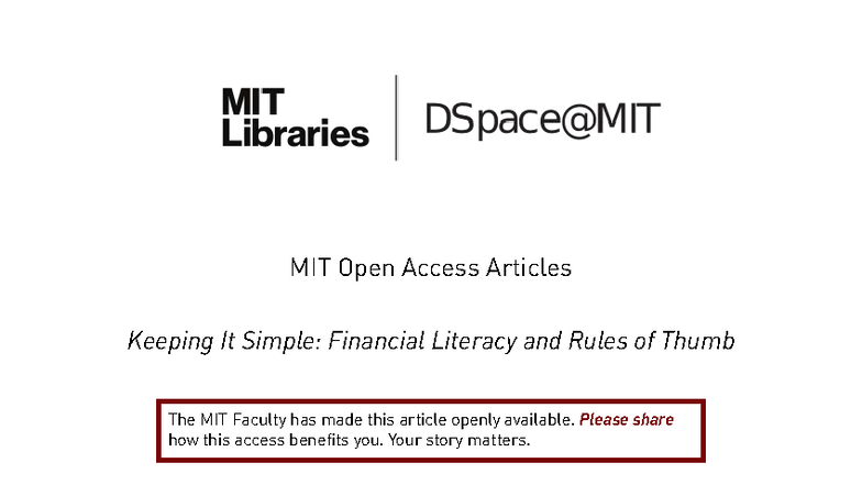 MIT 6.2: Financial Literacy and Rules of Thumb - Simplifying Training ...