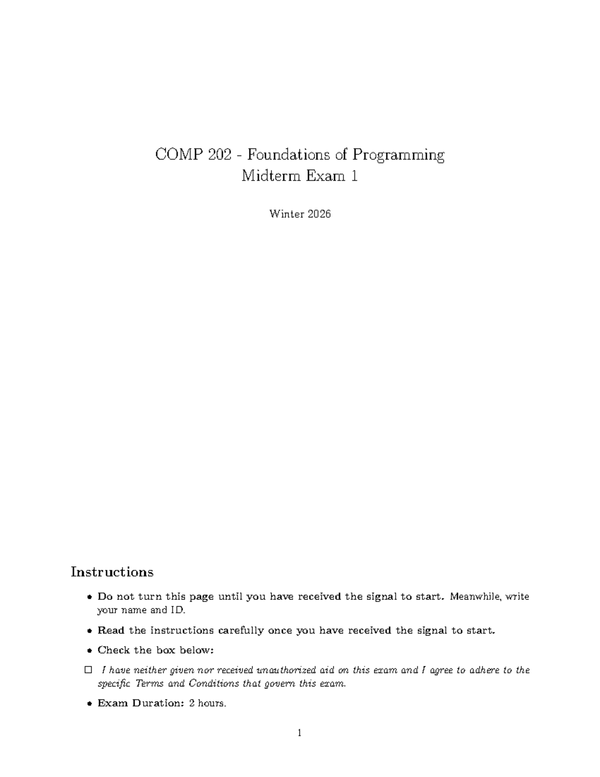 COMP 202 Foundations of Programming Midterm Exam 1 Winter 2026 Guide ...