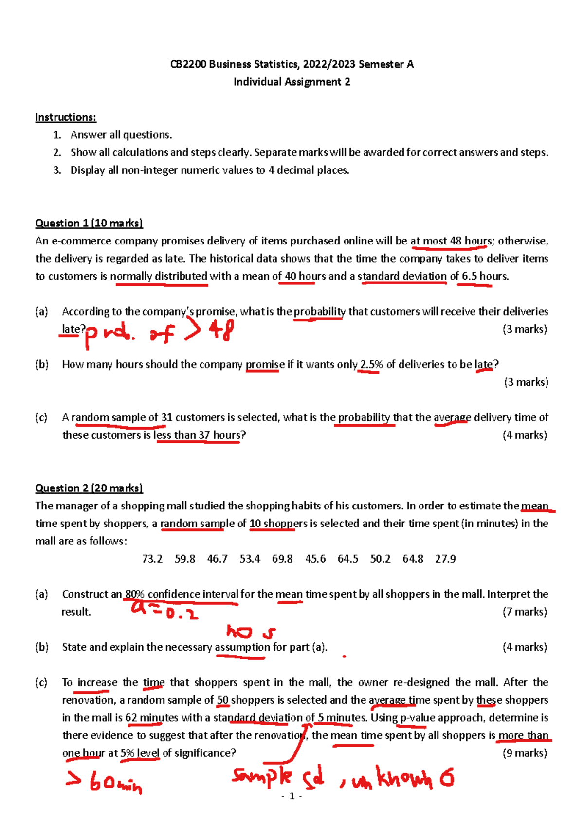 CB2200 Business Statistics: Assignment 2 Questions and Solutions - Studocu