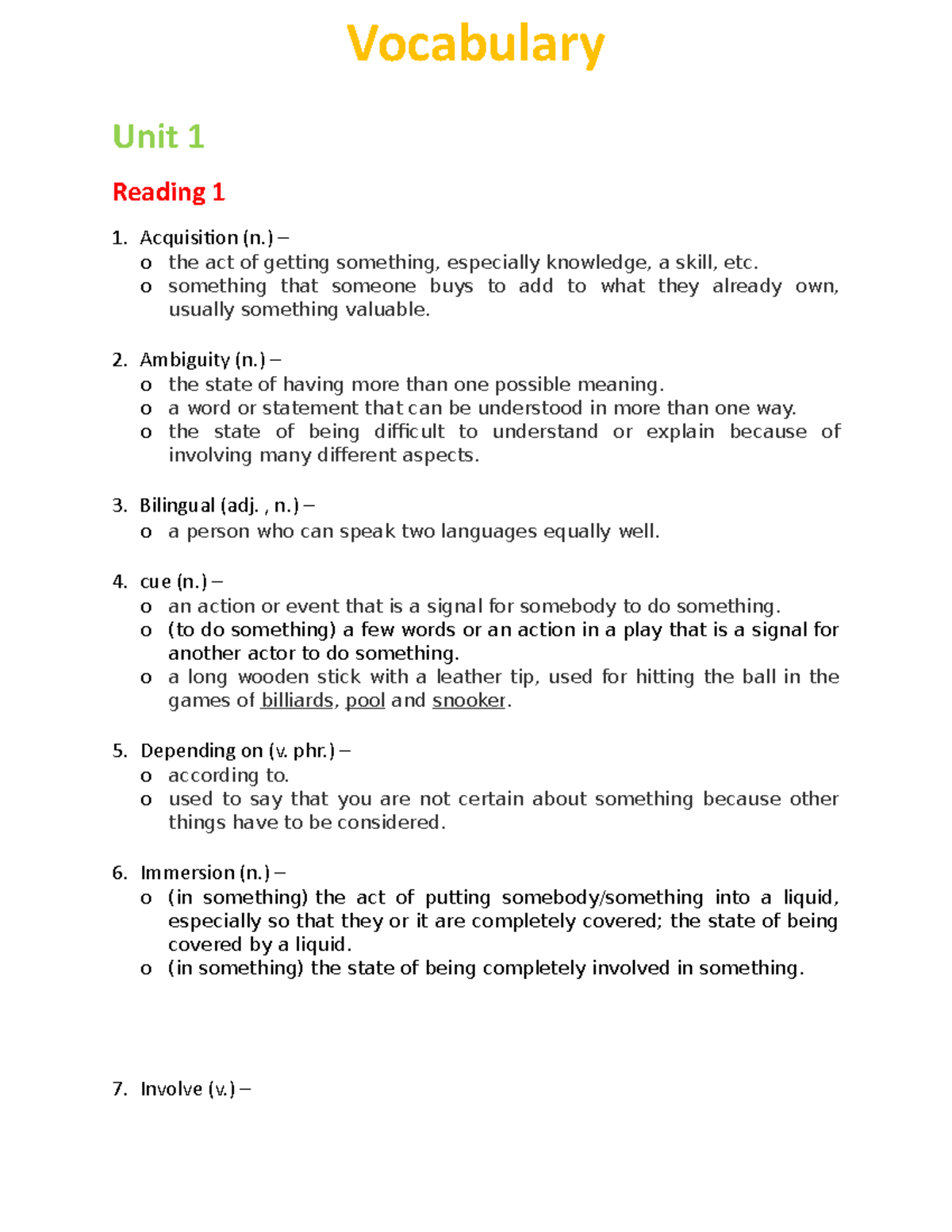 Vocabulary - Unit 1: Key Terms and Definitions for Language Learning ...