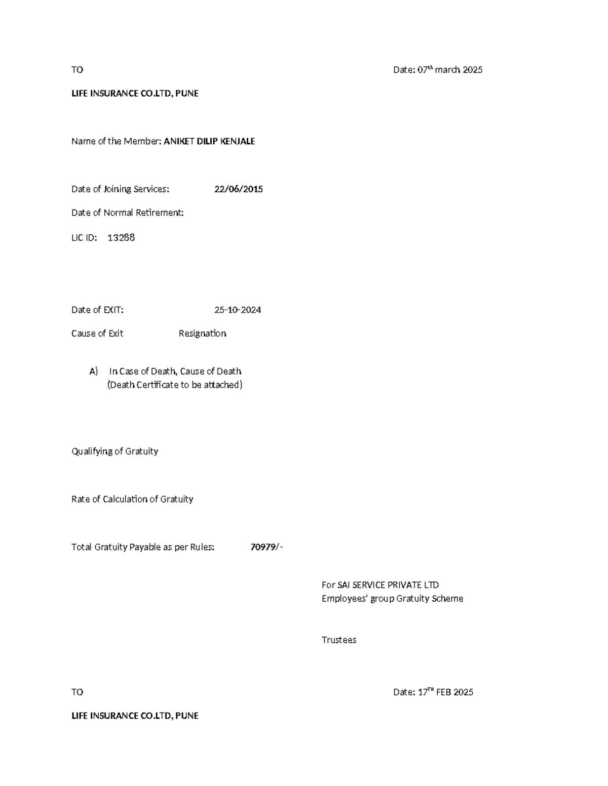 LIC - Gratuity Calculation Letter: Guide to Filling (LIC ID Included ...