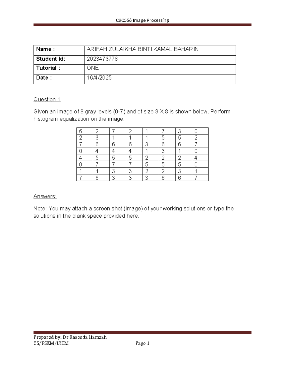 CSC566 - Tutorial 1: Histogram Equalization Exercise - Studocu