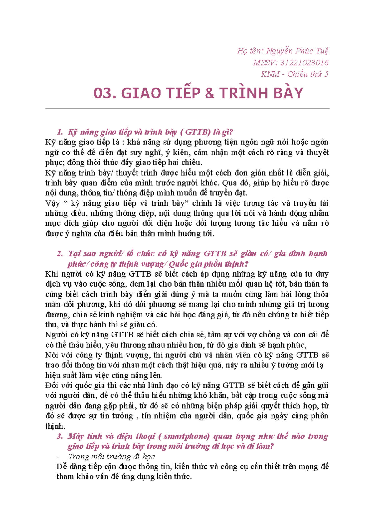 03. Kỹ Năng Giao Tiếp và Trình Bày (GTTB) - Tài Liệu Học Tập - Studocu