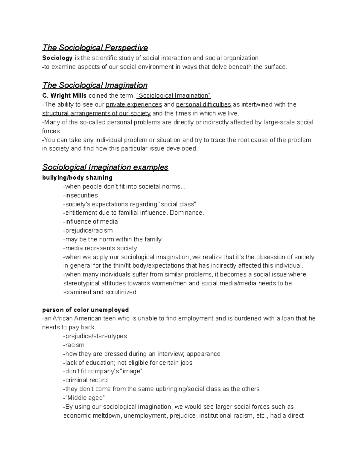 Sociology lecture 1 notes - The Sociological Perspective Sociology is ...