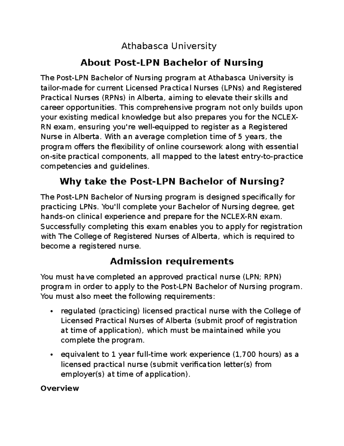 Post-LPN Bachelor of Nursing Program Overview at Athabasca U. - Studocu