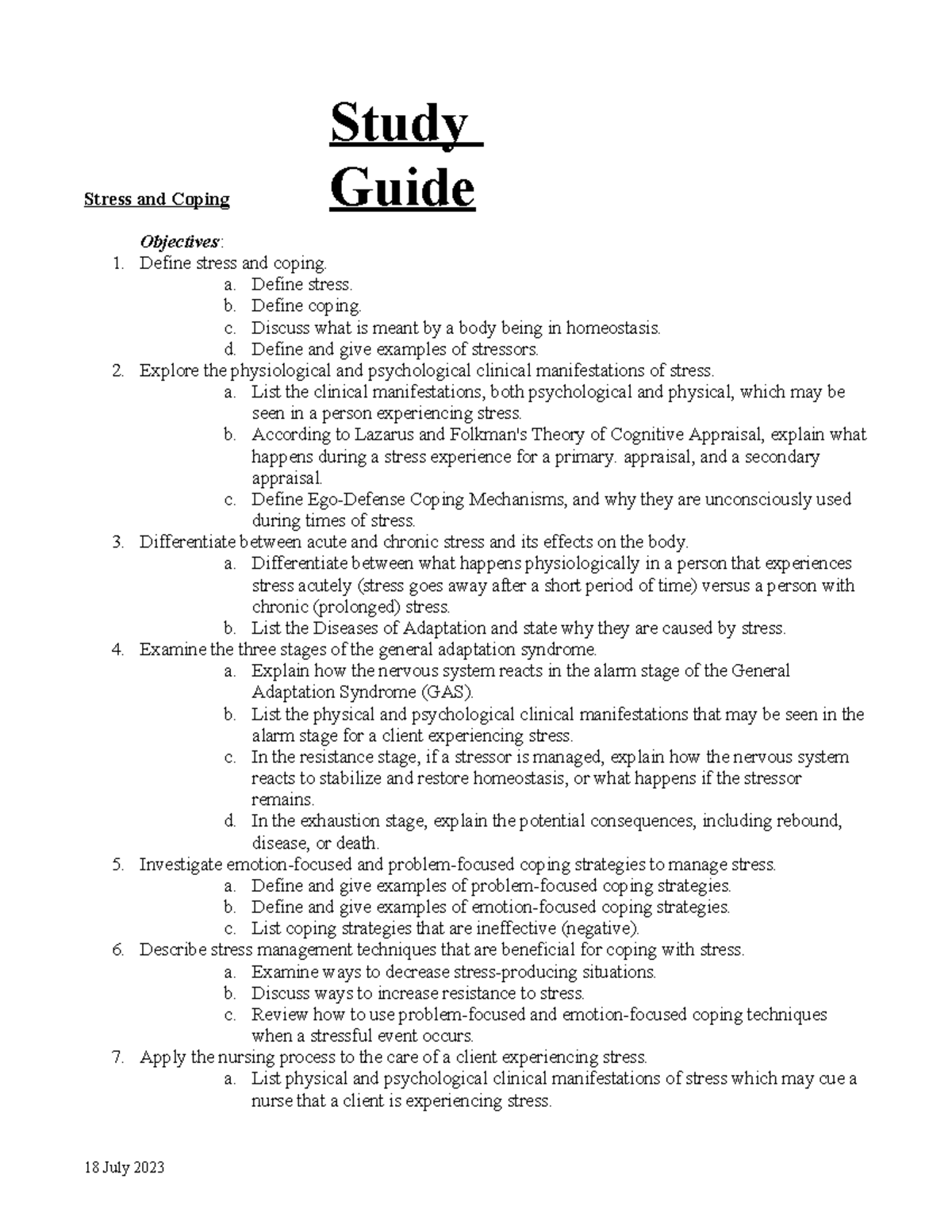 Study Guide: Stress and Coping Concepts in Nursing (Nursing 101 ...
