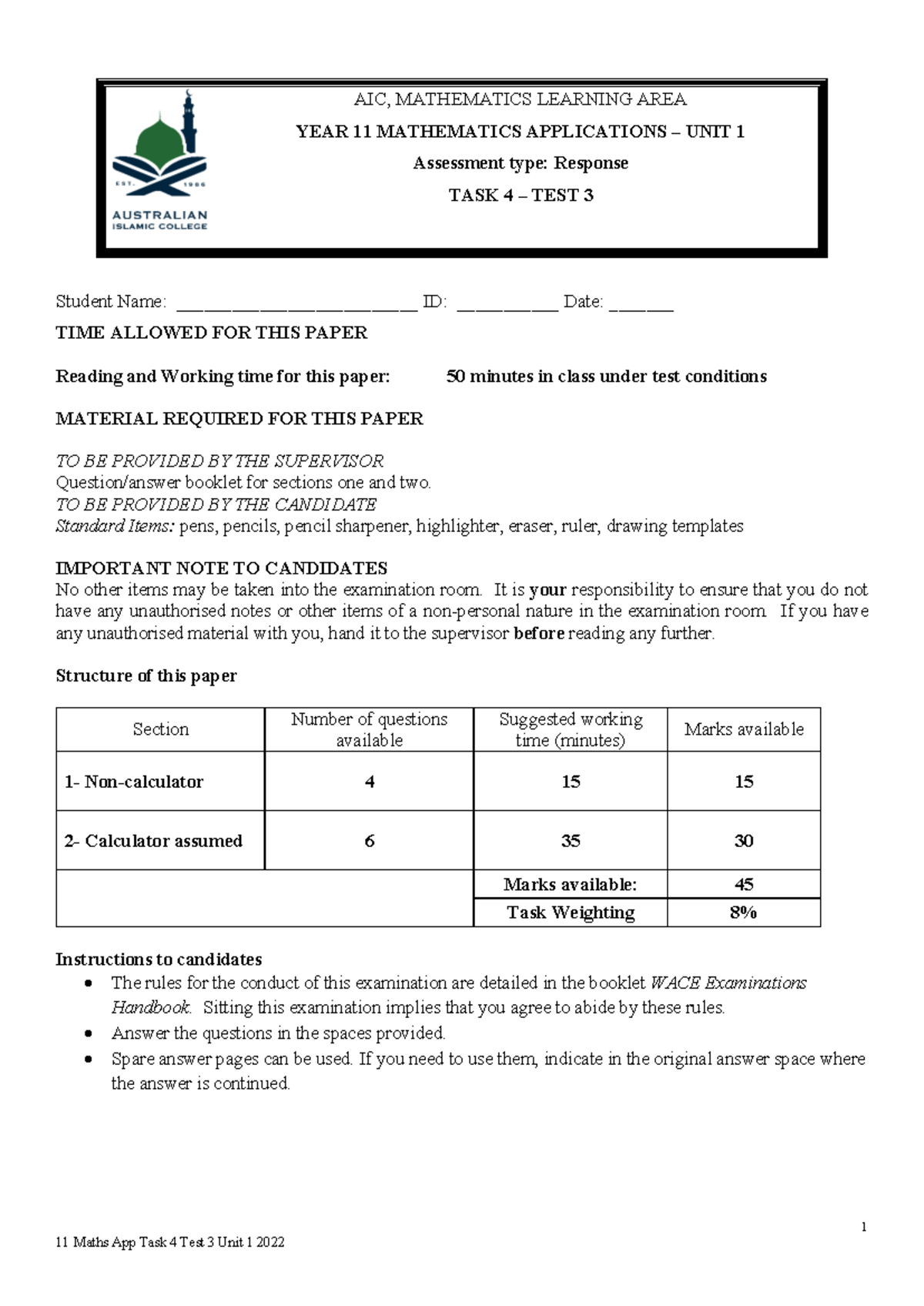 Year 11 Mathematics Applications Unit 1 Test 3 - 2022 - Studocu